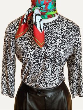 August Silk Snow Leopard Animal Print Cardigan Sweater Black Cream L